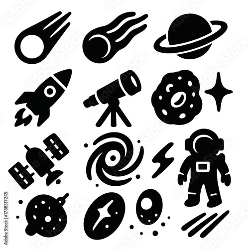 Brutalist Space Icons. Space Comets silhouette icon set: comet, tail, planet, star, rocket, telescope, asteroid, moon, satellite, galaxy, astronaut, light streak.
