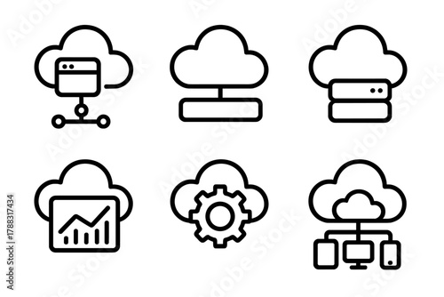 Cloud Computing Icons. Cloud Computing linear icon set: SaaS icon, PaaS icon, IaaS icon, analytics dashboard, automation gear, connected devices.