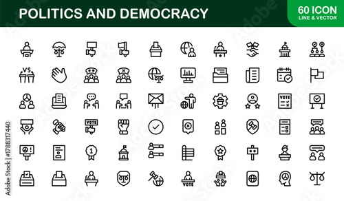 Minimal Politics and Democracy Icon Collection illustrating Election Apps, Civic Programs, and Policy Dashboards
