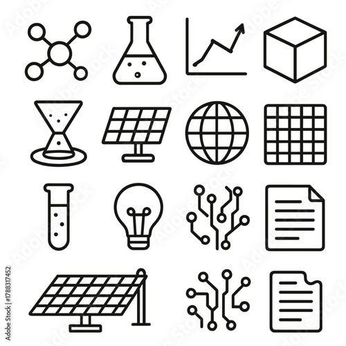 Scientific Solar Farm Icons. Scientific Solar Farm linear icon set: molecular model, lab flask, graph chart, 3D cube, hologram, solar panel, globe, data grid, test tube, light bulb
