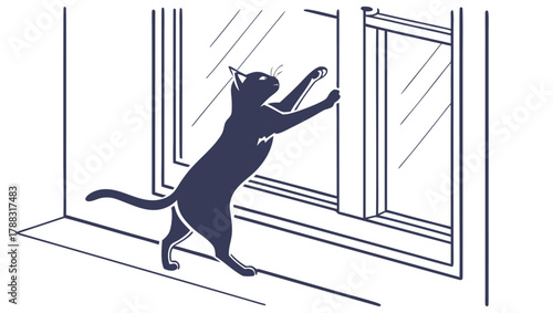 Silhouette of a black cat stretching and reaching up towards a window pane indoors