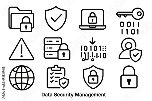 Data Security Icons. Data Security Management linear icon set: folder with lock, shield emblem, secure connection, encryption key, warning sign, secure server, data stream, privacy