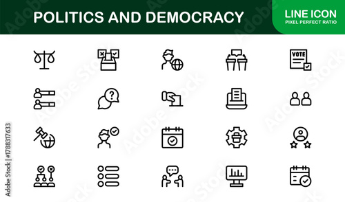 Professional Politics and Democracy Icon Collection presenting Election Tools, Policy Dashboards, and Civic Apps
