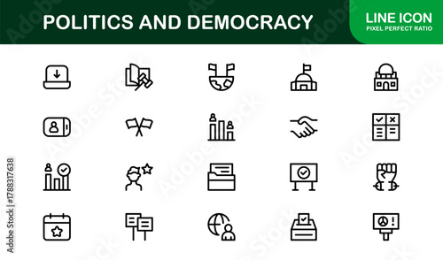 Elegant Politics and Democracy Icon Library illustrating Government Programs, Voting Systems, and Political Tools
