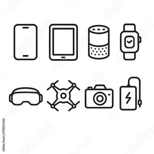 Smart Gadget Icons. Smart Gadgets Icons linear icon set: phone, tablet, smart speaker, watch, VR headset, drone, camera, power bank.
