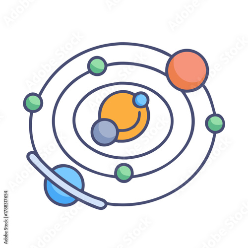 Colorful cartoon solar system model against a black backdrop