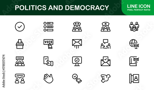 Minimal Politics and Democracy Icon Pack showing Voting Platforms, Government Tools, and Policy Dashboards
