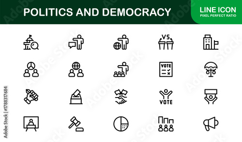 Modern Politics and Democracy Icon Collection highlighting Government Apps, Voting Systems, and Civic Dashboards
