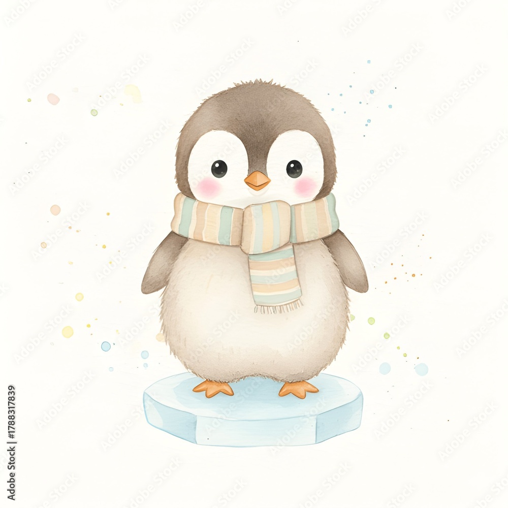 Obraz premium Baby penguin with pastel scarf on ice, cute watercolor winter illustration