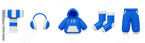 3d set Striped Scarf, fur Headphones, Hoodie, Socks, Pants, icon blue and white colors. Winter clothing. Stock vector illustration on isolated background.