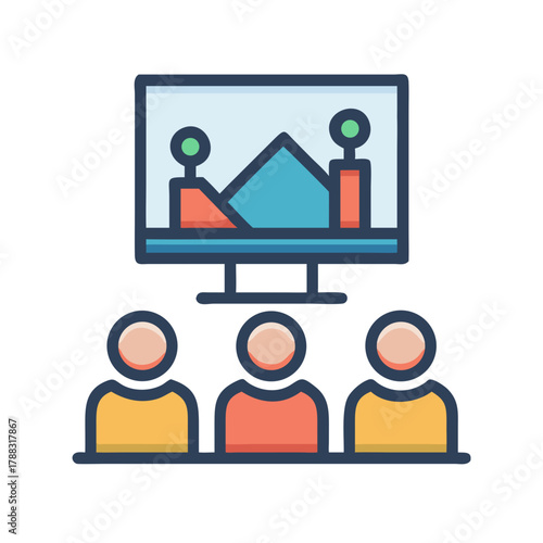 Meeting room with presentation screen and three faceless attendees