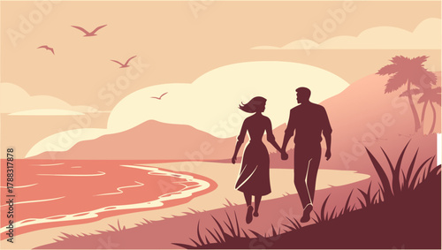 Silhouettes of a couple holding hands walking along a tropical beach at sunset
