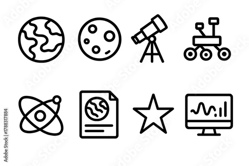 Space Exploration Icons. Planetary Science linear icon set: Mars globe, moon crater, telescope, rover, orbit path, document, star, data screen.