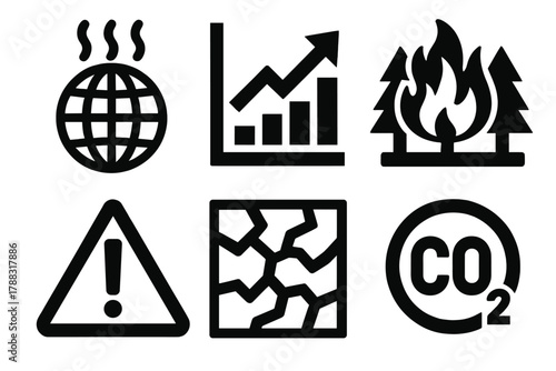 Heatwave Icons Set. Climate Heatwave silhouette icon set: globe with heat lines, temperature rise chart, forest fire, warning triangle, dry land, carbon symbol.