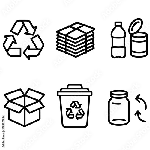 Recycled Materials Icons. Recycled Materials linear icon set: recycle symbol, paper bundle, plastic bottle, metal can, cardboard box, bin, glass jar, arrows.
