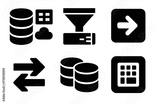 Bold Data Integration Icons. Integration Process silhouette icon set: data sources, ETL pipeline, transformation node, connector arrows, merged dataset, unified output.