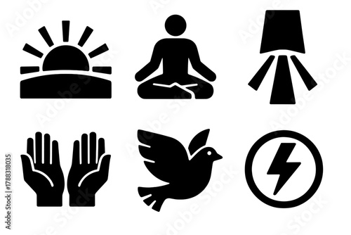 Spiritual Icon Set. Spiritual Renewal silhouette icon set: sunrise horizon, meditation pose, light beam, open hands, peace dove, fresh energy.