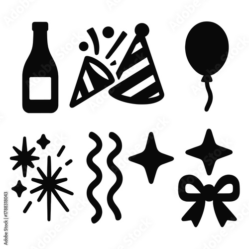 Brutalist Celebration Icons. Joyful Celebration Symbols silhouette icon set: champagne bottle, confetti burst, party hat, balloon, fireworks spark, streamer curls, star glow, gift