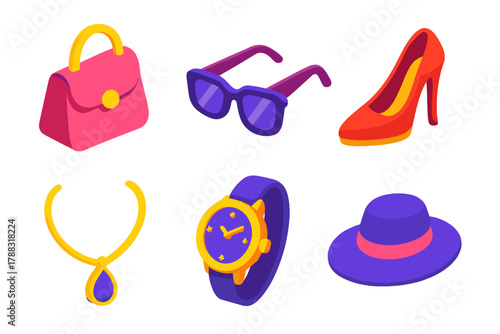 Chic Luxury Icons. Luxury Fashion modern flat icons set: Handbag, Sunglasses, High Heel, Watch, Necklace, Hat.