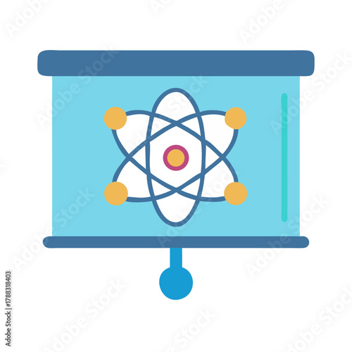 Presentation screen depicting atom structure science education learning symbol