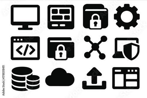 Brutalist Software Icons. Software Platform silhouette icon set: monitor screen, app interface, gear symbol, code window, secure folder, network lines, data chart, cloud icon,