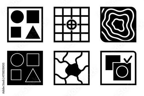 Brutalist Icon Patterns. Visual Pattern Recognition silhouette icon set: geometric shapes, computer vision grid, contour lines, edge detection, image segmentation, matching overlay