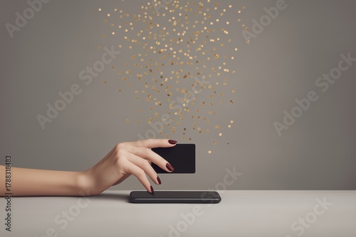 Hand with burgundy nails holding black credit card above smartphone, scattered gold confetti