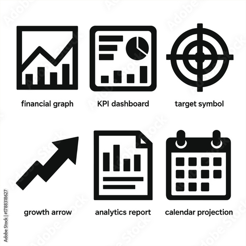 Bold Business Icons. Business Forecasting silhouette icon set: financial graph, KPI dashboard, target symbol, growth arrow, analytics report, calendar projection.