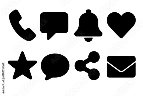 Brutalist Icon Set. Digital Engagement Collection silhouette icon set: phone, chat, bell, heart, star, comment, share, message.