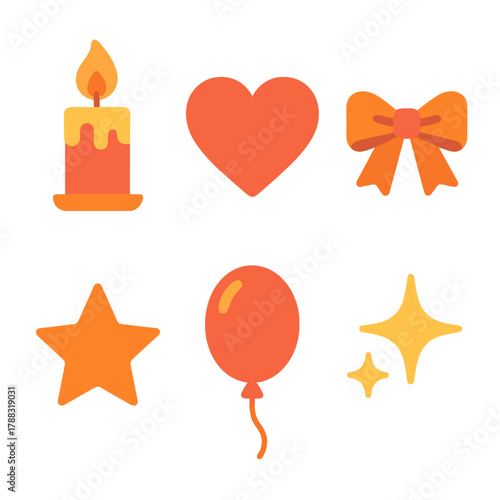 Warm Celebration Icons. Warm Sentiment flat icons: Candle, Heart, Ribbon, Star, Balloon, Sparkle.