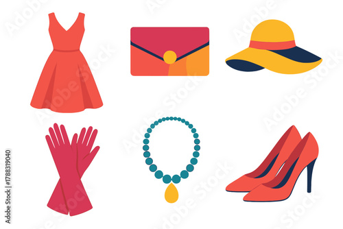 Chic Fashion Icons. Elegant Fashion flat icons: Dress, Clutch, Hat, Gloves, Necklace, Shoes.