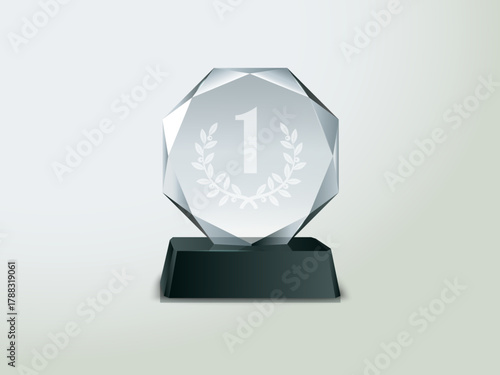 Glass award trophy winner prize realistic vector illustration featuring transparent crystal plate, acrylic diamond frame and laurel wreath design on wooden pedestal for competition or achievement.