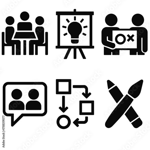 Brutalist Teamwork Icons. Collaborative Design silhouette icon set: teamwork session, idea board, co-creation, discussion bubble, workflow plan, creative tools.