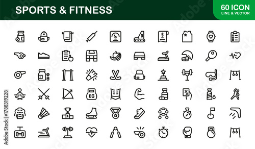 Elegant Sports and Fitness Icon Library illustrating Athletic Activities, Health Tracking, and Exercise Tools
