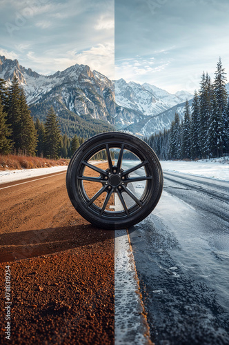 Car tire standing on a road divided into two seasons — summer and winter. Concept of all-season tires, road safety, and seasonal tire performance. Scenic mountain landscape in the background.