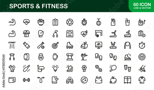 Modern Sports and Fitness Icon Collection Highlighting Workout Apps, Training Tools, and Athletic Dashboards
