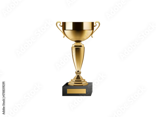 Golden trophy with two handles standing tall on black base isolated on white background vector illustration, elegant prize cup design for competition, victory, success, recognition or achievement.