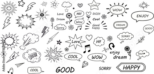 Hand-Drawn Doodle Elements Set – Speech Bubbles, Bursts & Lightning (Vector)