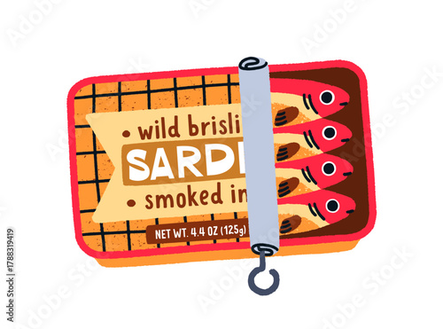 Sardines, canned seafood. Sea food, ocean fish smoked and preserved in tin packaging. Open metal can, container with Mediterranean product, snack. Flat vector illustration isolated on white background