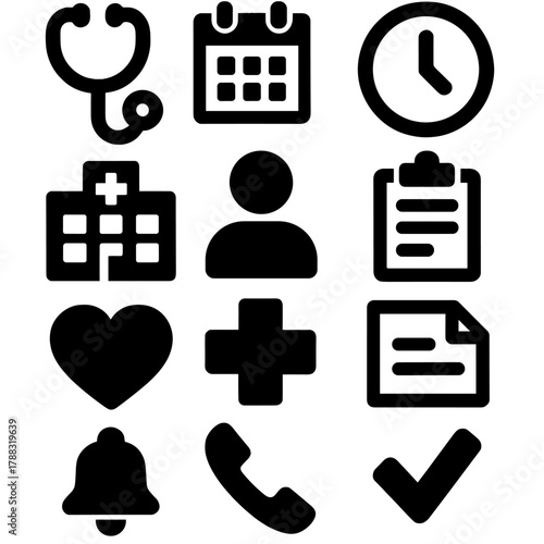Bold Medical Icons. Medical Appointment silhouette icon set: stethoscope, calendar, clock, hospital building, user silhouette, clipboard, heart, cross symbol, note card, reminder