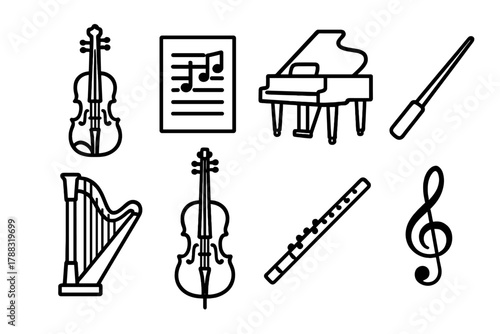 Classical Music Icons. Classical Music Collection linear icon set: violin, sheet music, piano, conductor baton, harp, cello, flute, treble clef.