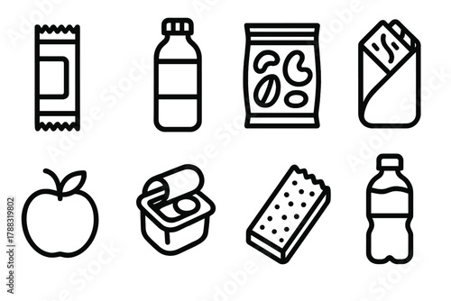 Snack Pack Icons. On-the-go Snacks linear icon set: energy bar, bottled juice, trail mix, sandwich wrap, fruit, snack pack, granola bar, water bottle.