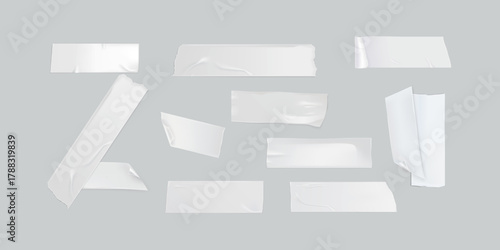Realistic adhesive tape pieces collection vector illustration isolated on white background, transparent sticky scotch tape mockup set for office, packaging, repair, notes or decoration projects.