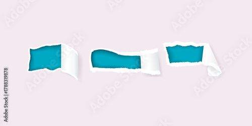 Set of blank torn paper with rolled edges vector illustration isolated on white background, realistic mockup design for note pages, scrapbooks, posters, reminders or creative stationery layouts.