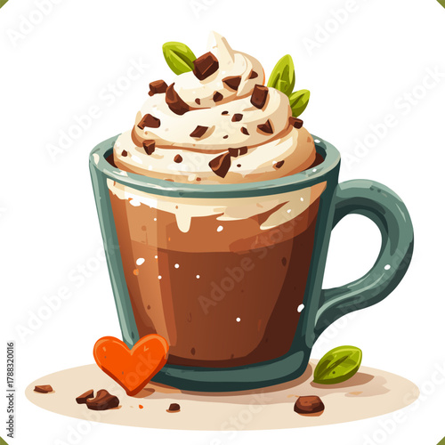 Vector illustration of a cup of hot chocolate with whipped cream, chocolate pieces, mint leaves, and heart decoration, isolated on a white background. Vector illustration of winter aromatic beverage