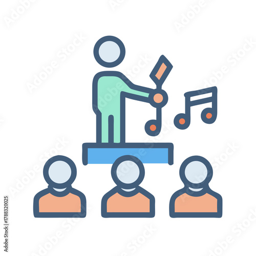 Choir director conducts group performance, simple graphic illustration style