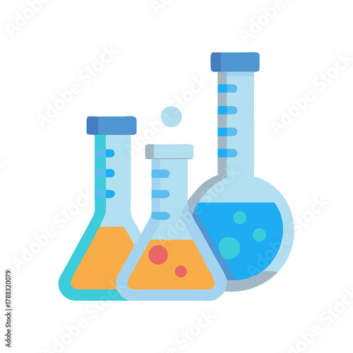 Three scientific beakers with colorful liquids on black background