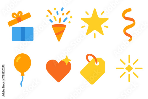 Colorful Celebration Icons. Happy Surprise Icons flat icons: open present, confetti explosion, shining star, ribbon curl, balloon, heart sparkle, tag card, glowing burst