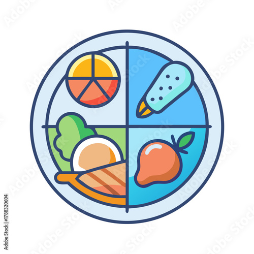 Colorful illustration of balanced meal division on a plate