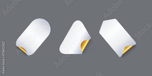 Set of white glued stickers in square circle and rectangle shapes with curling edges realistic blank paper label collection for design template and decoration